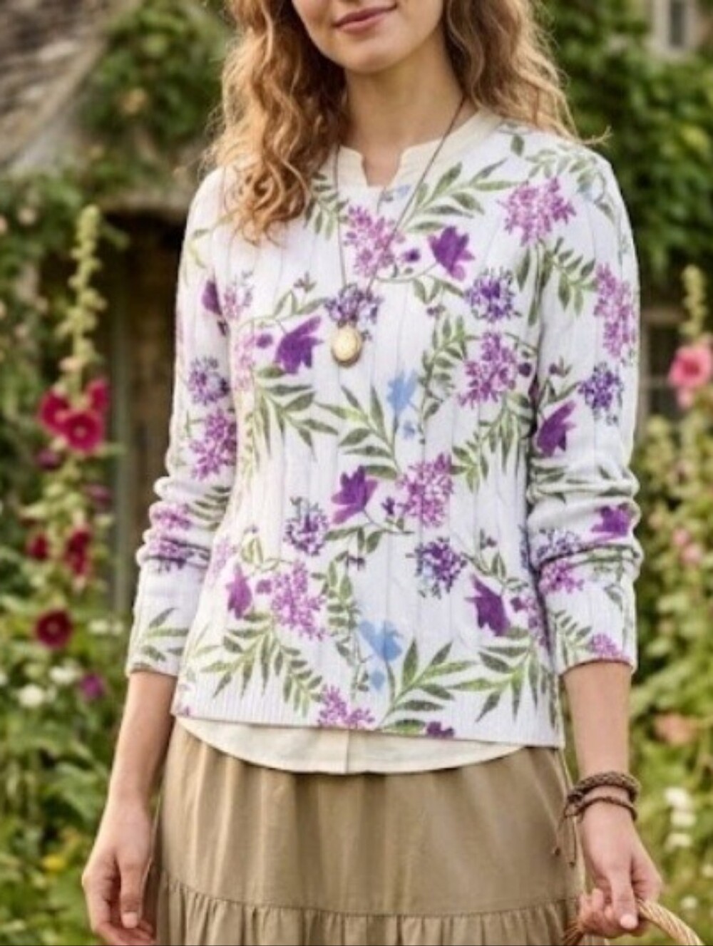 Appleseeds Womens Winter Floral Cableknit Sweater Size Medium